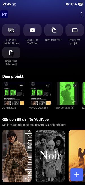 Appens hemskärm med knappar för åtkomst till projekt, handledning och inställningar.