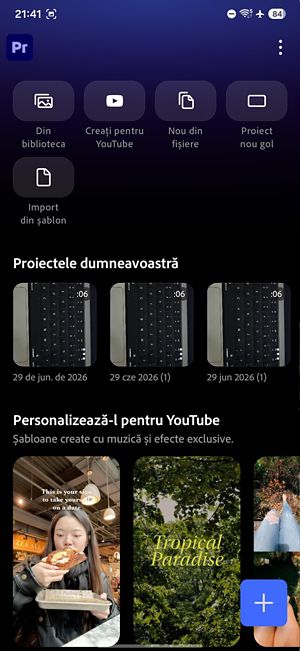 Ecranul principal al aplicației, cu butoane pentru accesarea proiectelor, tutorialelor și setărilor.