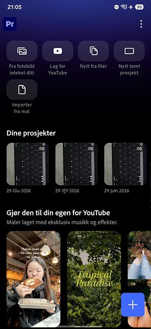 Appens startskjerm med knapper for tilgang til prosjekter, opplæringsmateriale og innstillinger.