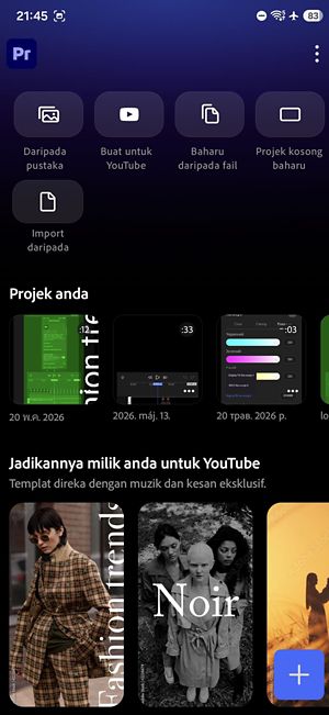 Skrin utama aplikasi dengan butang untuk mengakses projek, tutorial dan tetapan.