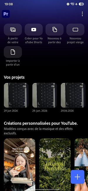 L'écran d'accueil de l'application avec des boutons pour accéder aux projets, tutoriels et paramètres.