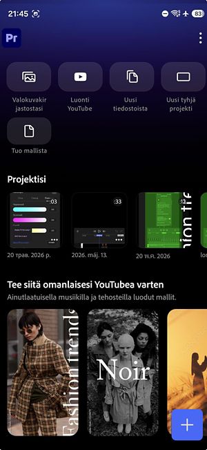 Sovelluksen aloitusnäyttö, jossa on painikkeet projektien, opetusohjelmien ja asetusten käyttämiseen.