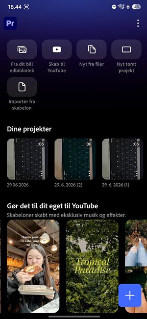 Appens startskærm med knapper til at tilgå projekter, vejledninger og indstillinger.