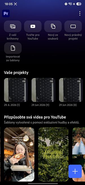 Domovská obrazovka aplikace s tlačítky pro přístup k projektům, výukovým lekcím a nastavení.