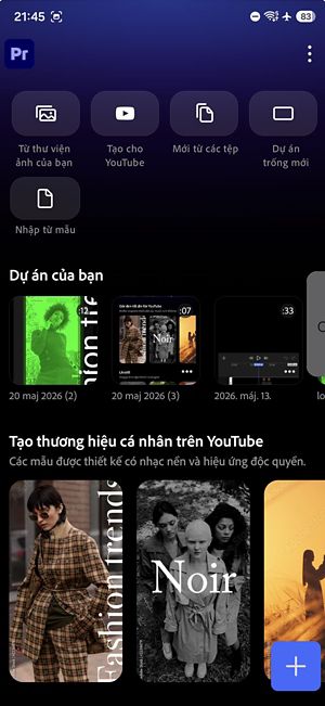 Màn hình chính của ứng dụng với các nút để truy cập dự án, hướng dẫn và thiết đặt.