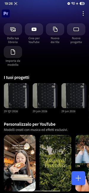 La schermata Home dell’app con pulsanti per accedere a progetti, tutorial e impostazioni.