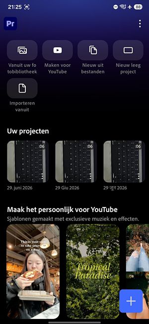Het startscherm van de app met knoppen voor toegang tot projecten, tutorials en instellingen.