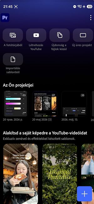Az alkalmazás kezdőoldala a projektekhez, útmutatókhoz és beállításokhoz való hozzáférésre szolgáló gombokkal.