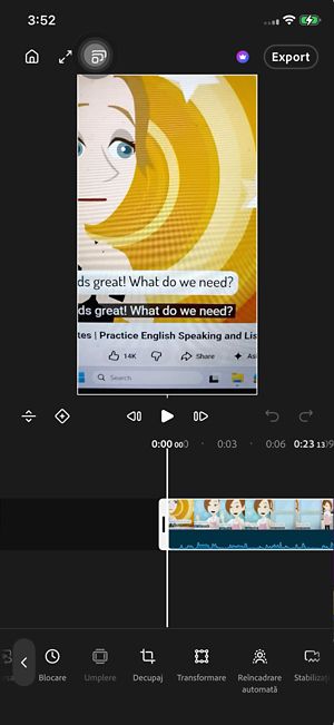 Spațiul de lucru pentru modificări, care afișează o Previzualizare video, cronologia cu multiple piste, controale de redare și Instrumente de modificare pentru Audio, Text, Subtitrări, Generare, Suprapunere și Desenare.