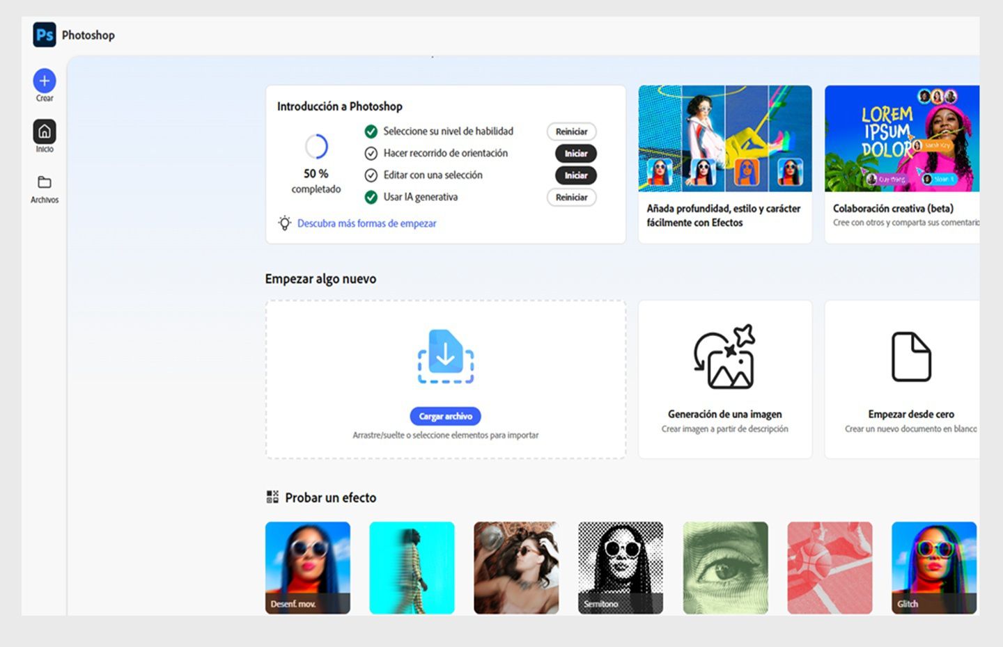 La pantalla de inicio de Photoshop en la web se muestra con opciones como Cargar archivo, Generar una imagen, Empezar desde cero y mucho más.