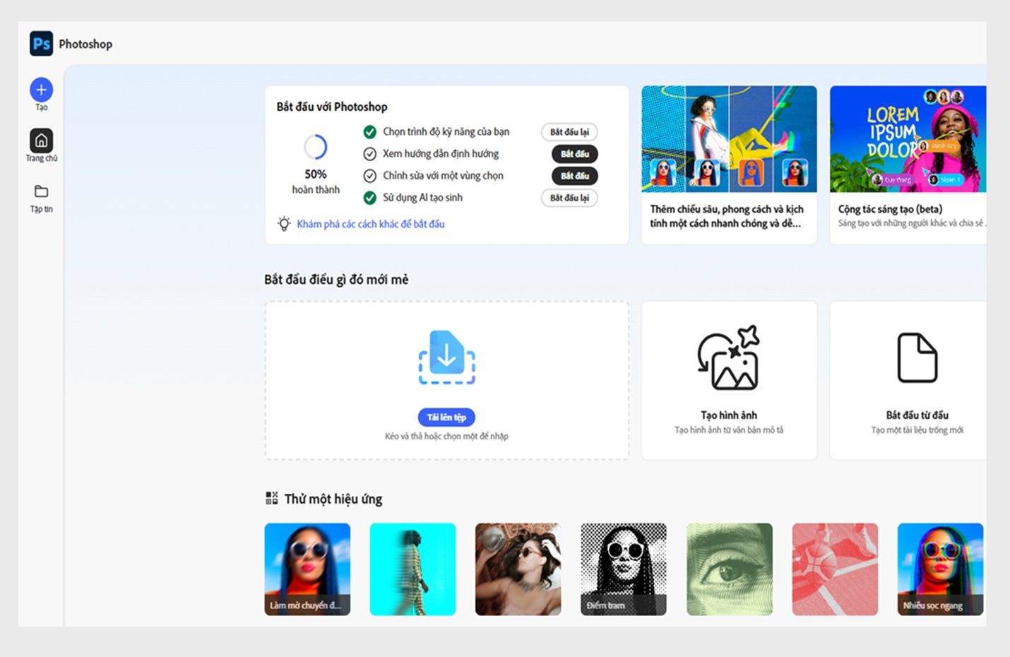 Màn hình chính của Photoshop trên web hiển thị các tùy chọn như Tải lên tập tin, Tạo hình ảnh, Bắt đầu từ đầu, v.v.