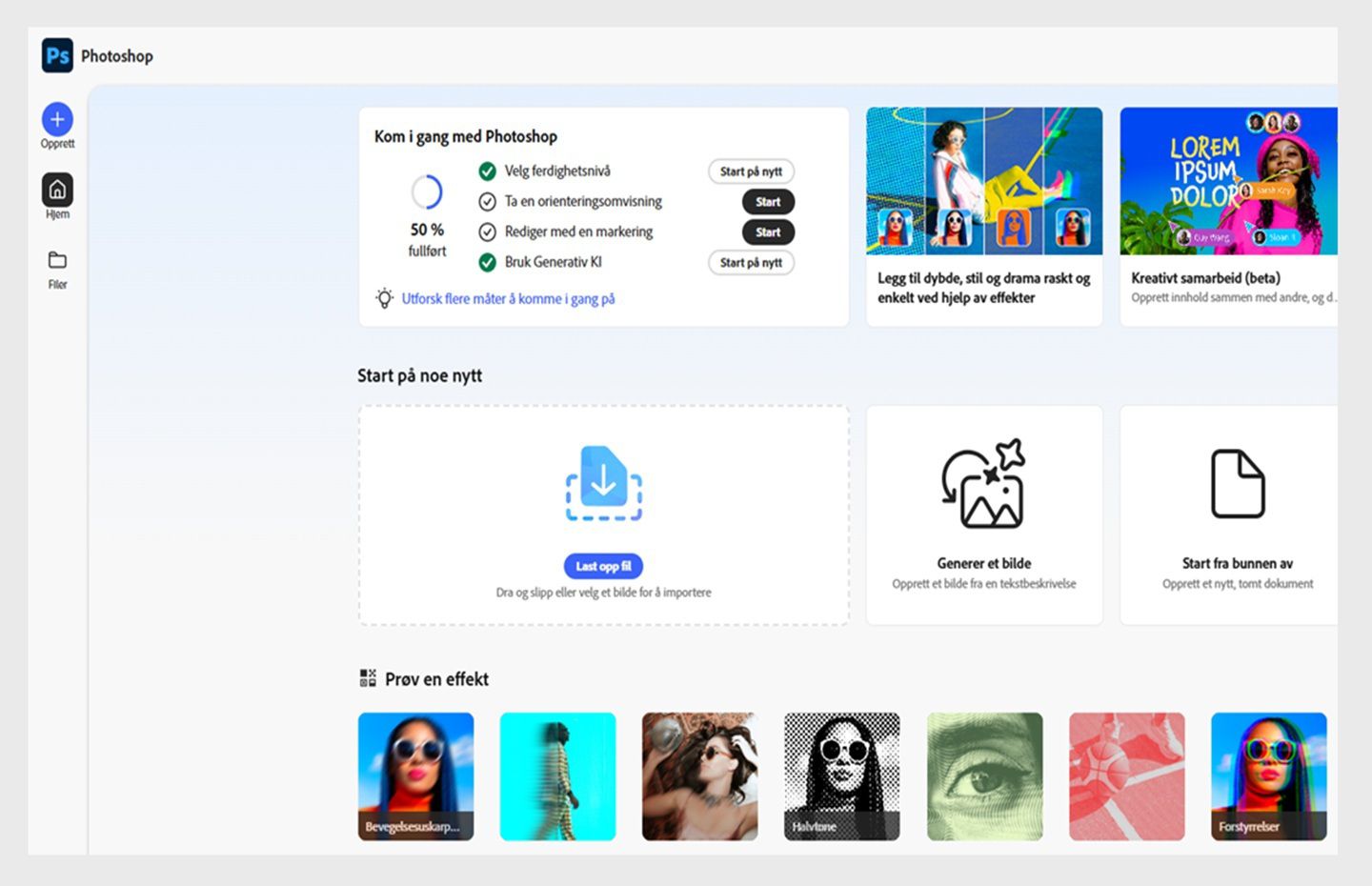 Photoshop på nett-startskjermen vises med alternativer som Last opp fil, Generer et bilde, Start fra bunnen av med mer.