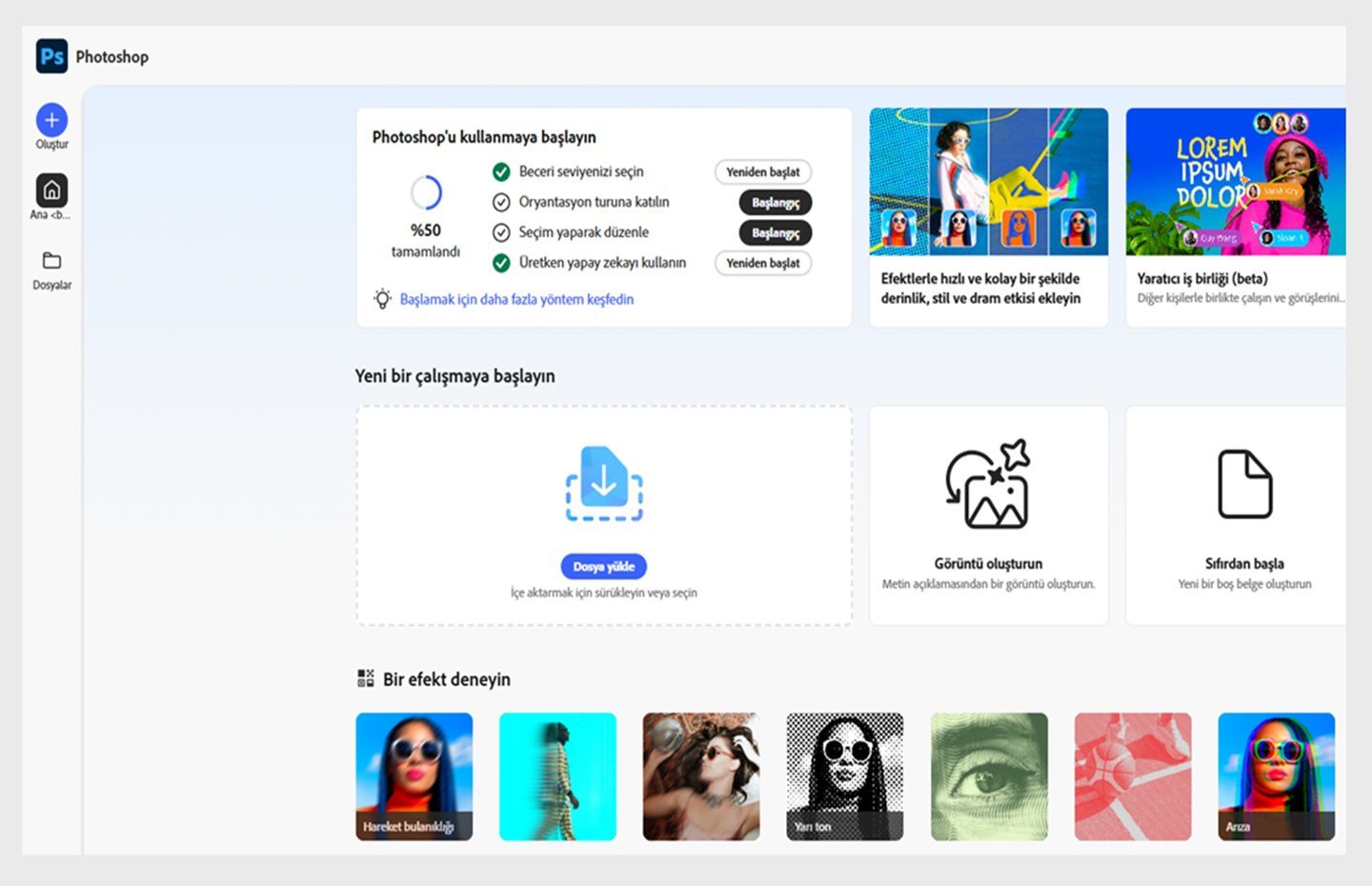 Dosya yükle, Görüntü oluştur, Sıfırdan başla ve daha fazla seçeneğin gösterildiği web üzerinde Photoshop ana sayfa ekranı görüntüleniyor.