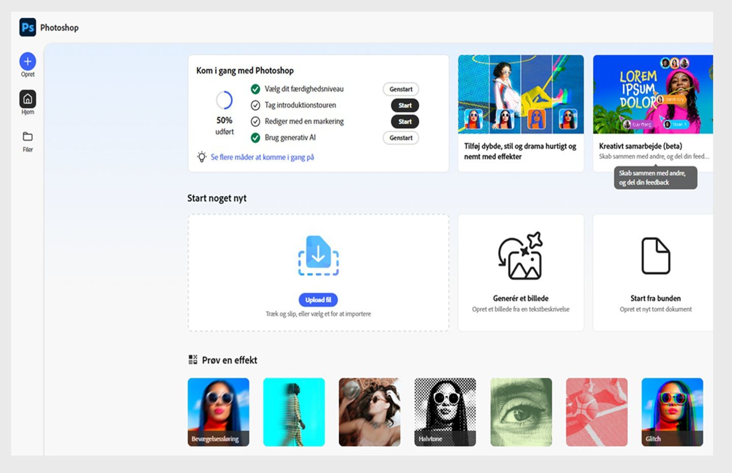 Startskærmen i Photoshop på internettet vises med muligheder som Upload fil, Generér billede, Start fra bunden med mere.