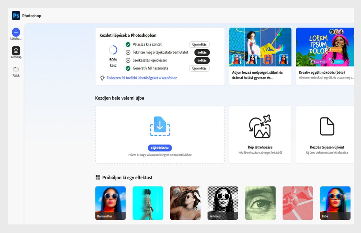 A webes Photoshop kezdőképernyője, rajta a Fájl feltöltése, a Kép létrehozása, a Kezdés nulláról és több másik lehetőség