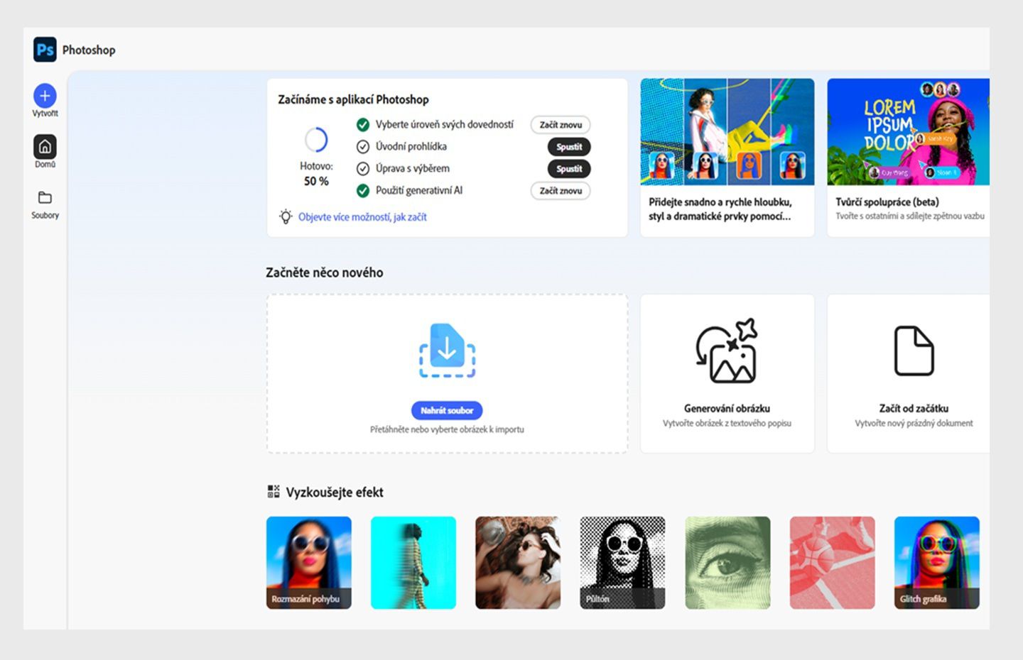 Na domovské obrazovce aplikace Photoshop na webu se zobrazují různé možnosti, například Odeslat soubor, Generovat obrázek, Začít od začátku a další.