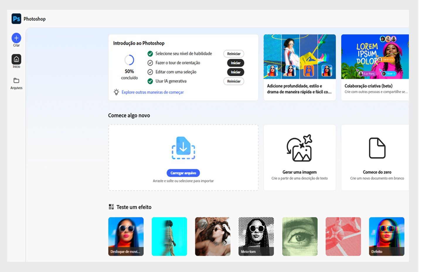 A tela inicial do Photoshop na web é exibida com opções como Carregar um arquivo, Gerar uma imagem, Começar do zero e mais.