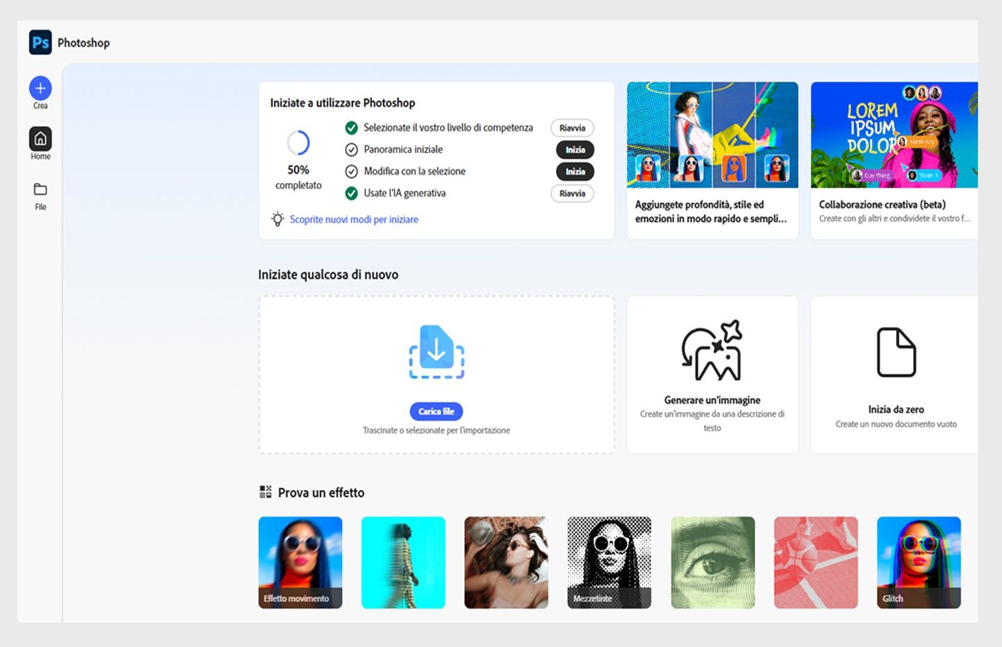 Nella schermata iniziale di Photoshop per il web vengono visualizzate opzioni come Carica file, Genera un'immagine, Inizia da zero e altre ancora.