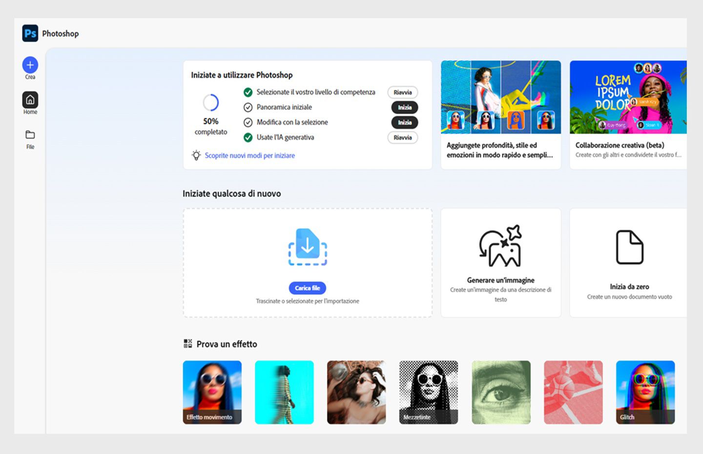 Layar beranda Photoshop di web ditampilkan dengan opsi seperti Unggah gambar, Hasilkan gambar, Mulai dari awal, dan banyak lagi.