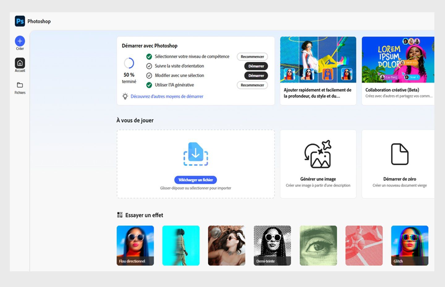 L’écran d’accueil de Photoshop sur le web contient les options Charger un fichier, Générer une image, Démarrer de zéro, etc.
