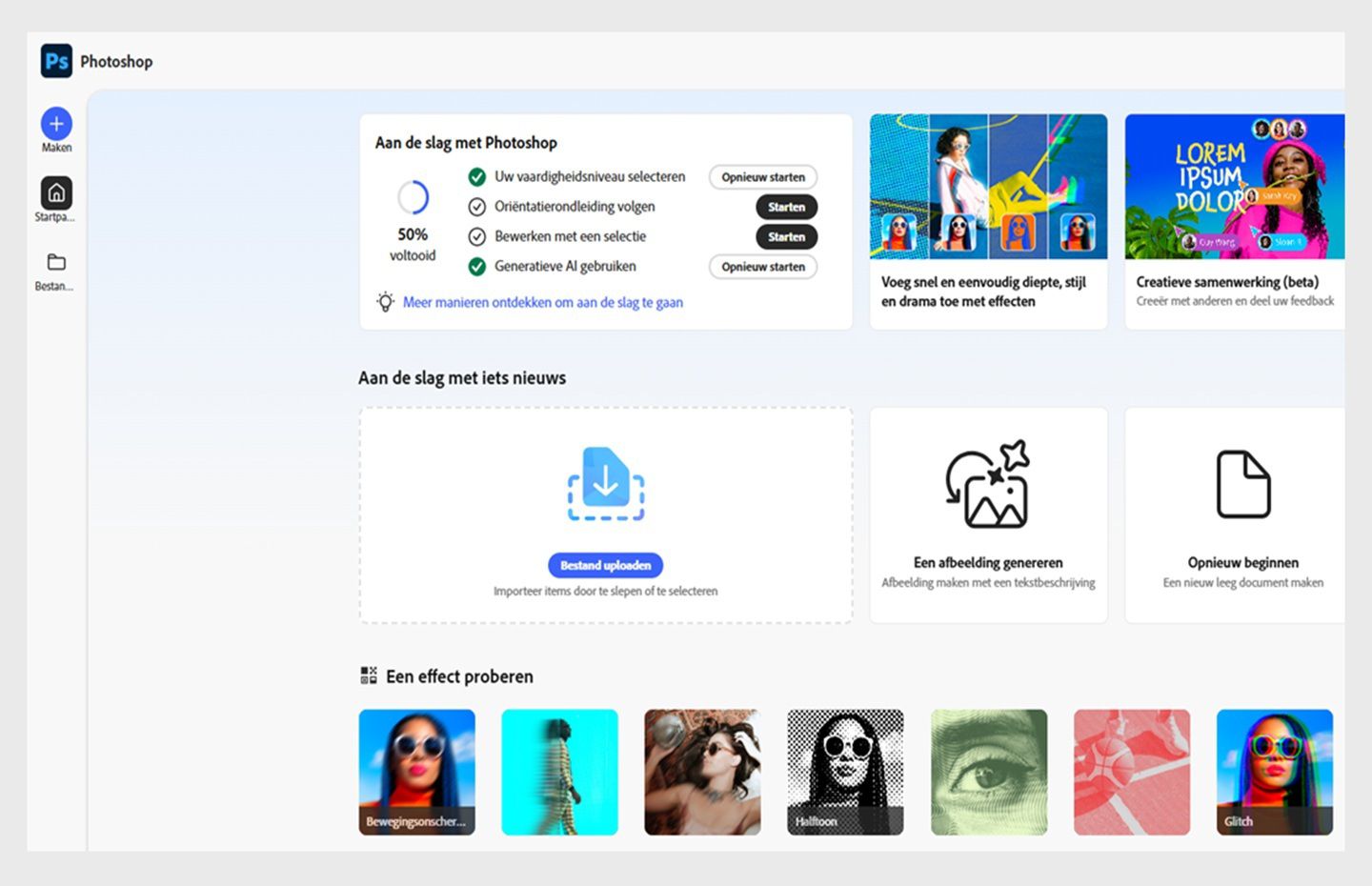 Het beginscherm van Photoshop op internet wordt weergegeven met opties zoals Bestand uploaden, Een afbeelding genereren, Opnieuw beginnen en meer.