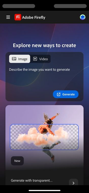 Der mobile Arbeitsbereich in Firefly zeigt den Tab der Startseite mit dem geöffneten Dialog für Text zu Bild und einem Feature-Update zum Generieren von Videos mit transparenten Hintergründen.