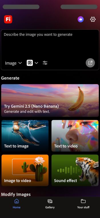 Der mobile Arbeitsbereich in Firefly zeigt den Tab der Startseite mit Schlüsselfunktionen, einschließlich Text zu Bild, Text-zu-Video, Bild-zu-Video und Soundeffekt.