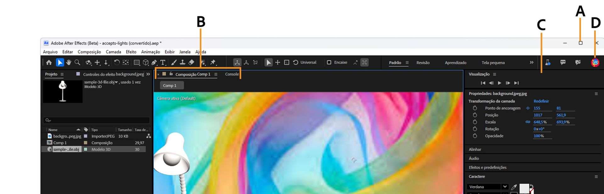 Os balões identificam quatro áreas da interface: A aponta para a barra de título, B para a guia do painel Composição, C para o menu estouro do seletor do espaço de trabalho e D para o ícone do menu da conta.