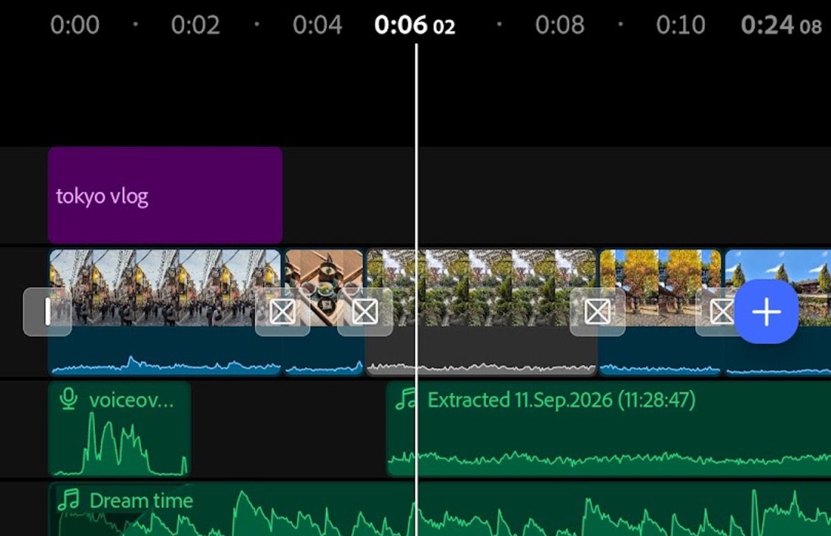 ビデオトラックとオーディオトラックを含むタイムラインを中心に表示した、Android 版 Premiere の編集ワークスペース。