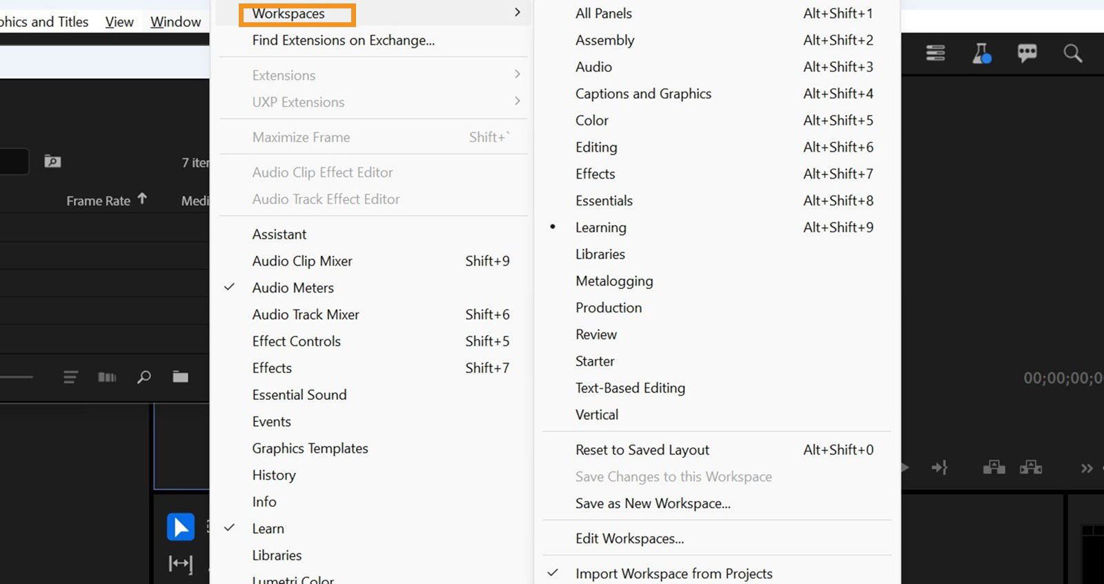 A list of workspace layouts is displayed. You can manage and switch between different workspace layouts.