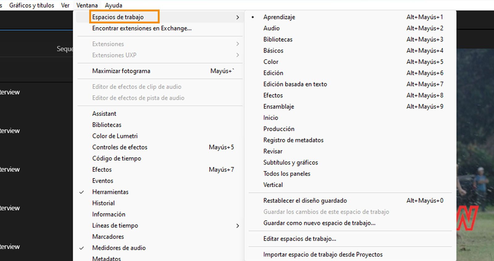 Se muestra una lista de diseños del espacio de trabajo. Puede administrar y cambiar entre diferentes diseños del espacio de trabajo.