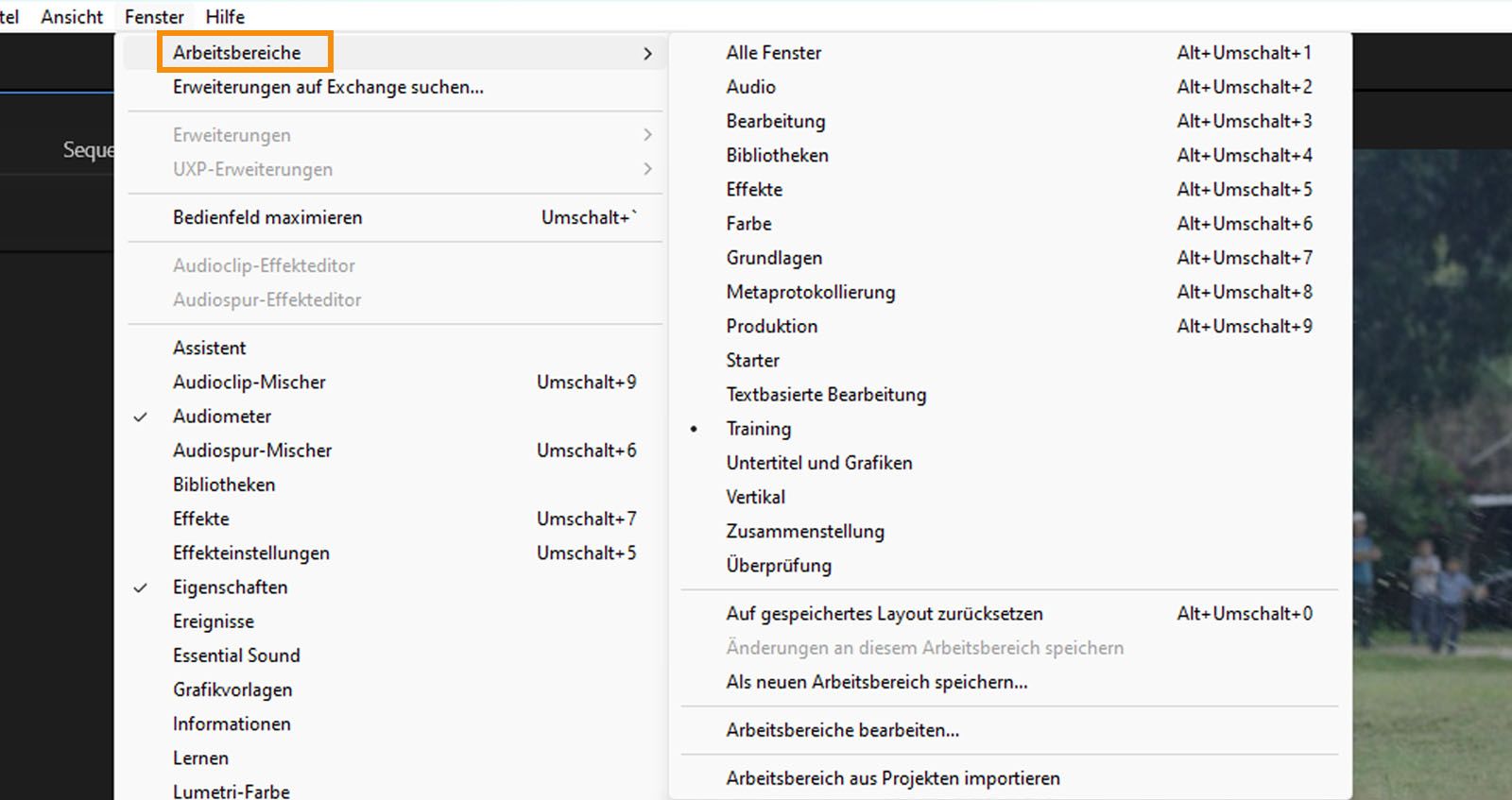 Eine Liste der Arbeitsbereich-Layouts wird angezeigt. Du kannst verschiedene Arbeitsbereich-Layouts verwalten und zwischen ihnen wechseln.