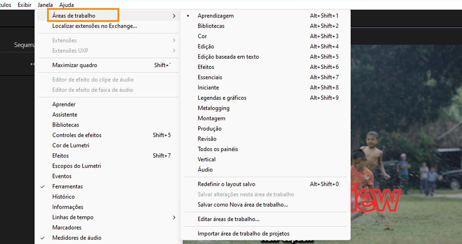 Uma lista de layouts do espaço de trabalho é exibida. É possível gerenciar e alternar entre diferentes layouts de espaço de trabalho.