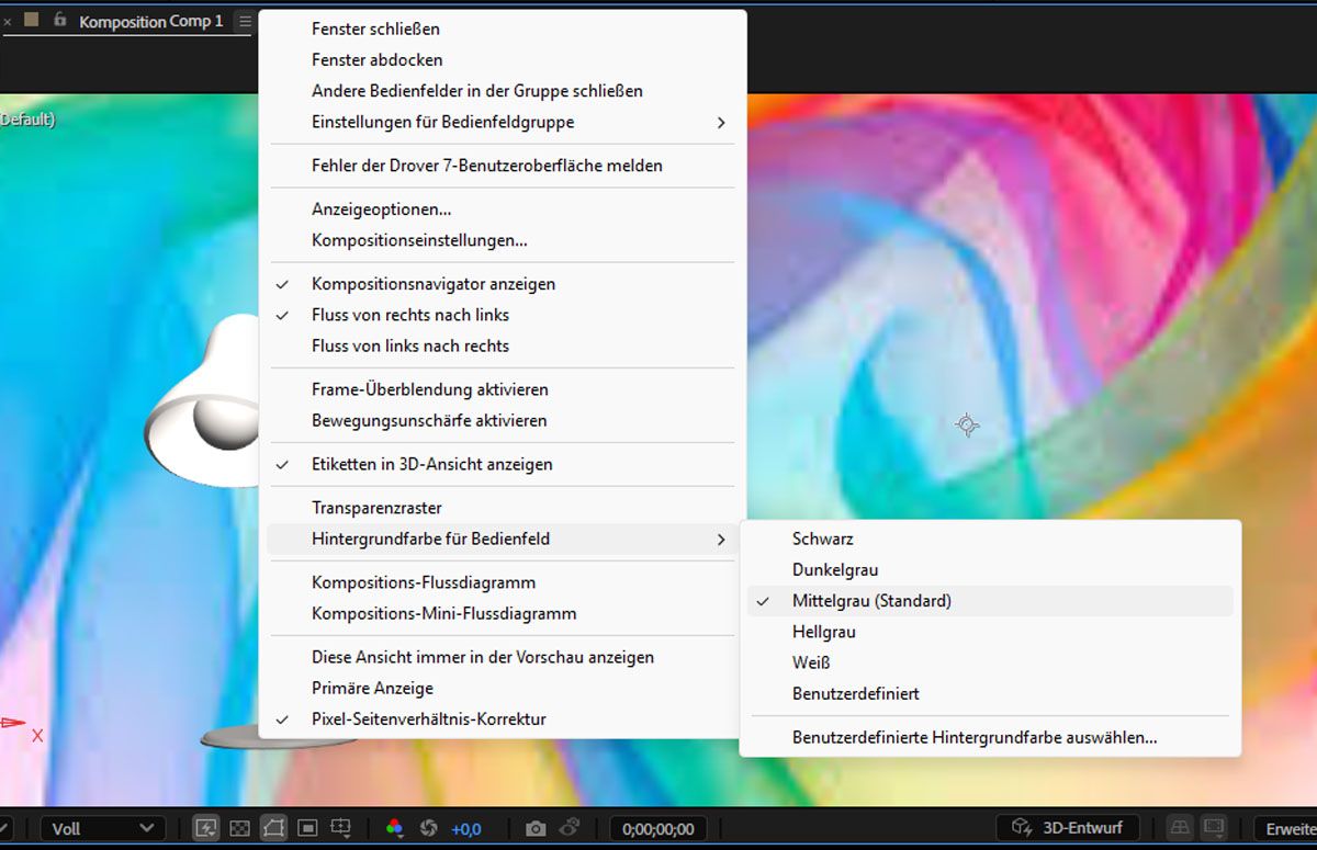 Das Menü im Bedienfeld „Komposition“ ist geöffnet, und aus den Menüoptionen ist „Hintergrundfarbe für Bedienfeld“ ausgewählt.