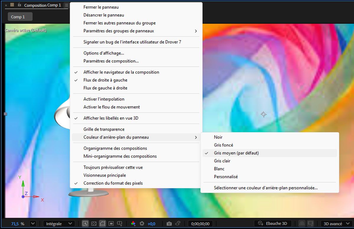 Le menu du panneau Composition est ouvert et, dans les options du menu, la couleur d’arrière-plan du panneau est sélectionnée.