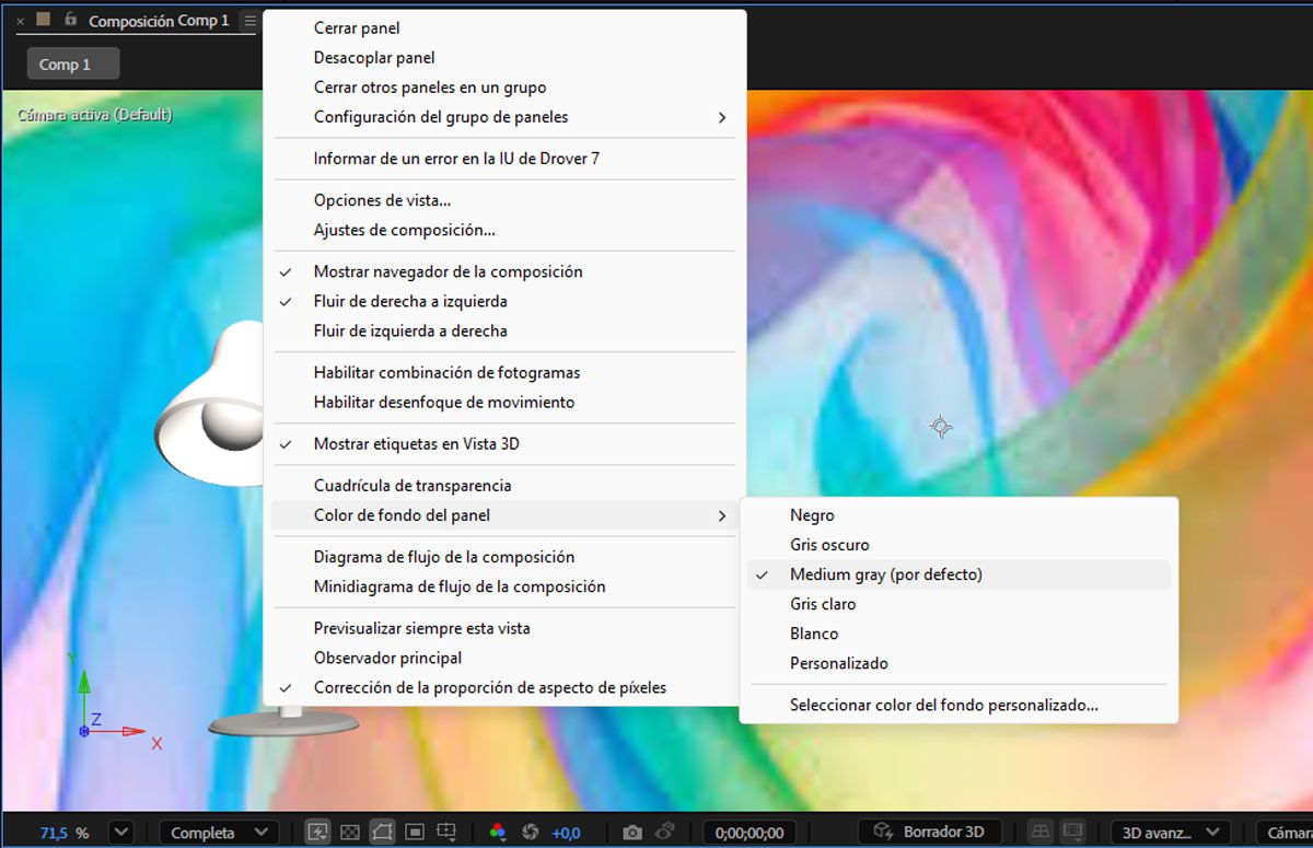 Se abre el menú del panel Composición y, entre las opciones del menú, se selecciona el Color de fondo del panel.