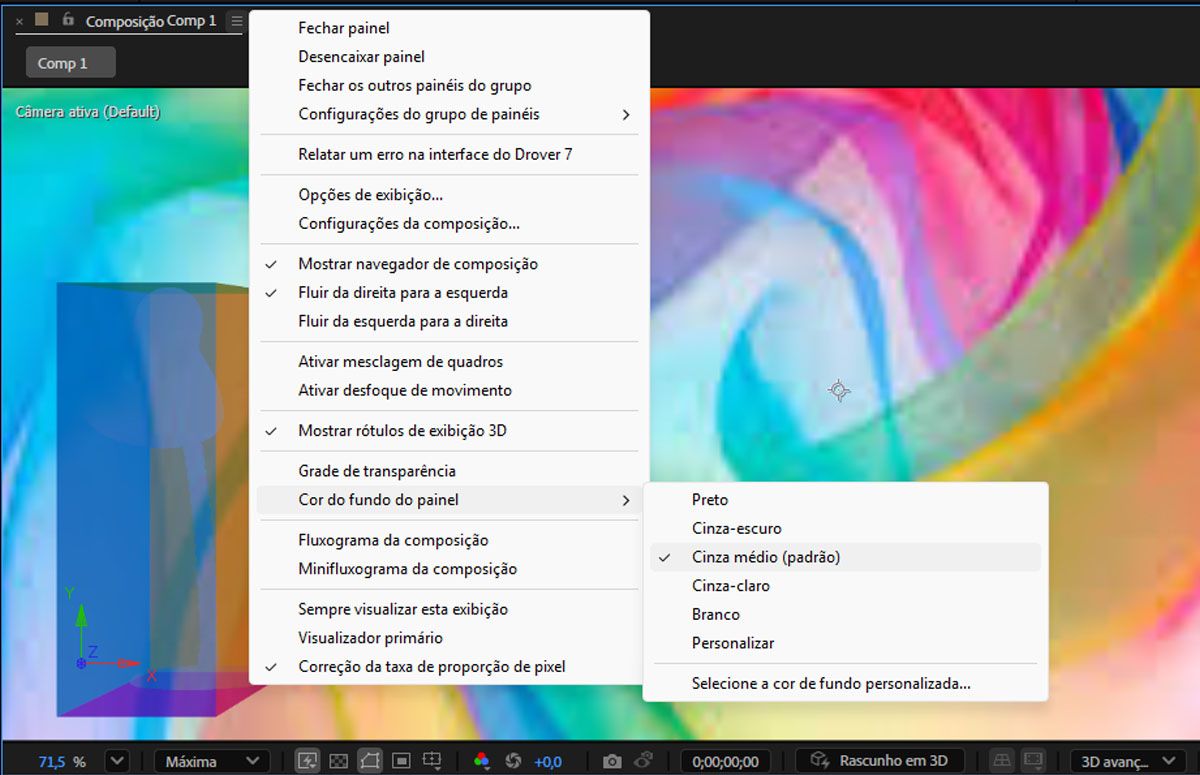 O menu do painel “Composição” aberto, e, nas opções do menu, a cor de fundo do painel está selecionada.