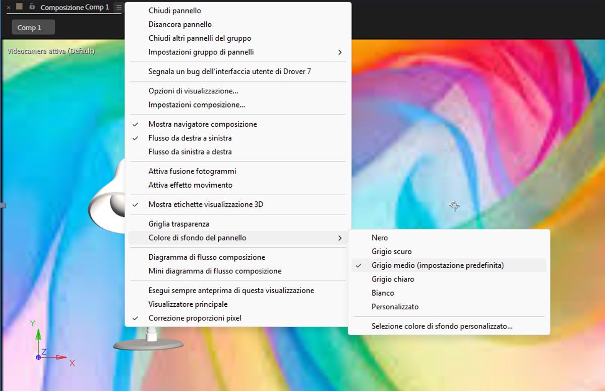 Il menu del pannello Composizione è aperto e tra le opzioni del menu è selezionato il colore di sfondo del pannello.