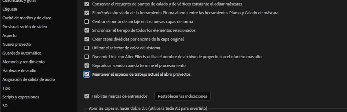 Se abre Preferencias y en General se selecciona la opción Mantener el espacio de trabajo actual al abrir proyectos.