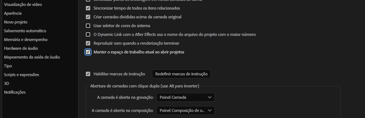 As preferências abertas com a opção “Manter espaço de trabalho atual ao abrir projetos” selecionada na seção “Geral”.