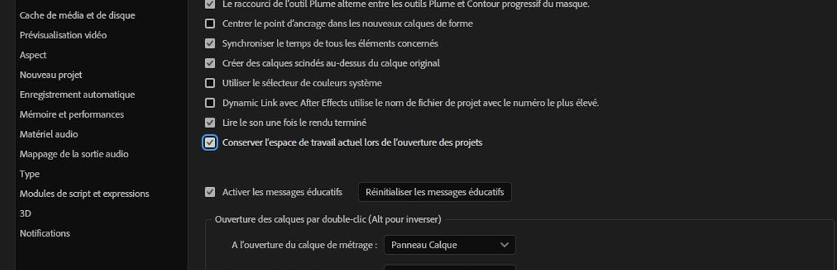 La boîte de dialogue Préférences est ouverte et dans Général, l’option Conserver l’espace de travail actuel lors de l’ouverture des projets est sélectionnée.