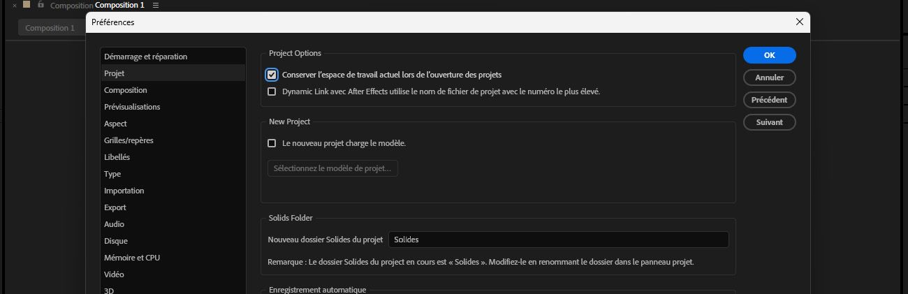 La boîte de dialogue Préférences est ouverte et dans Général, l’option Conserver l’espace de travail actuel lors de l’ouverture des projets est sélectionnée.