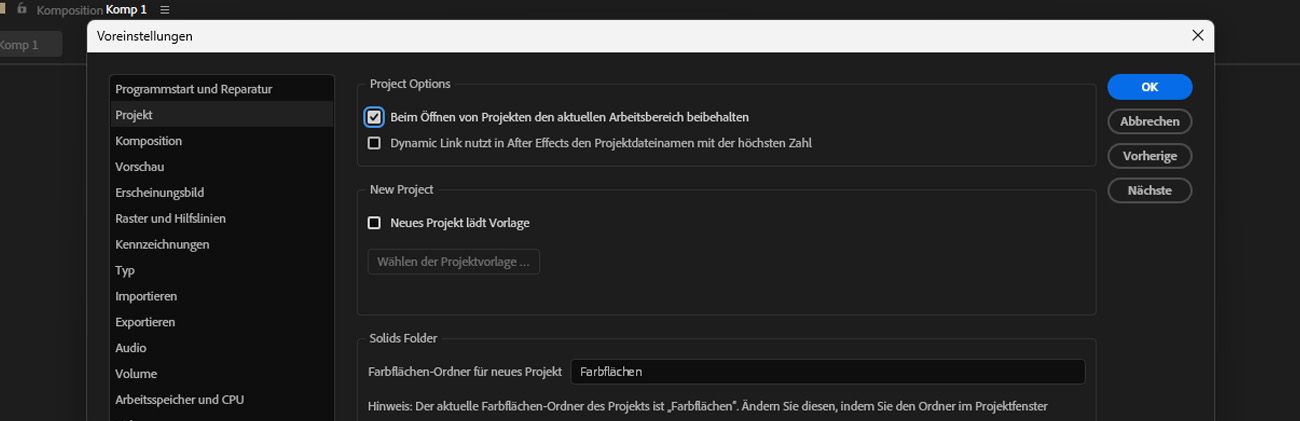 Die Voreinstellungen sind geöffnet und unter „Allgemein“ ist die Option „Beim Öffnen von Projekten aktuellen Arbeitsbereich beibehalten“ ausgewählt.