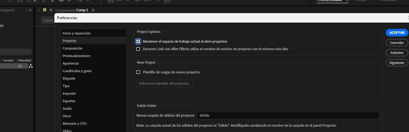 Se abre Preferencias y en General se selecciona la opción Mantener el espacio de trabajo actual al abrir proyectos.