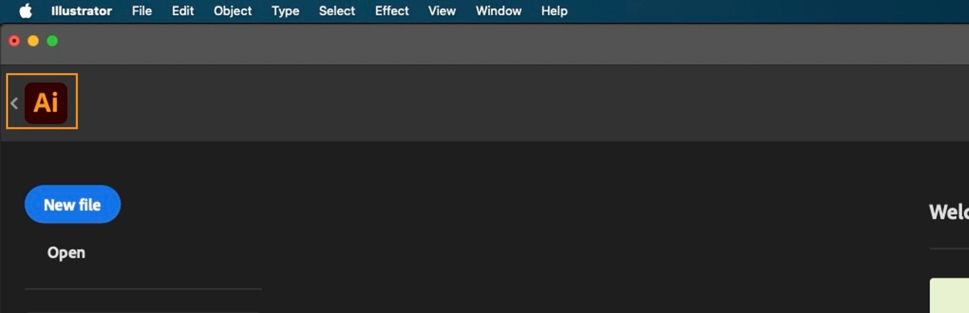 Interface do espaço de trabalho do Adobe Illustrator com uma seta voltar destacada ao lado do ícone do aplicativo, indicando como retornar ao espaço de trabalho principal.