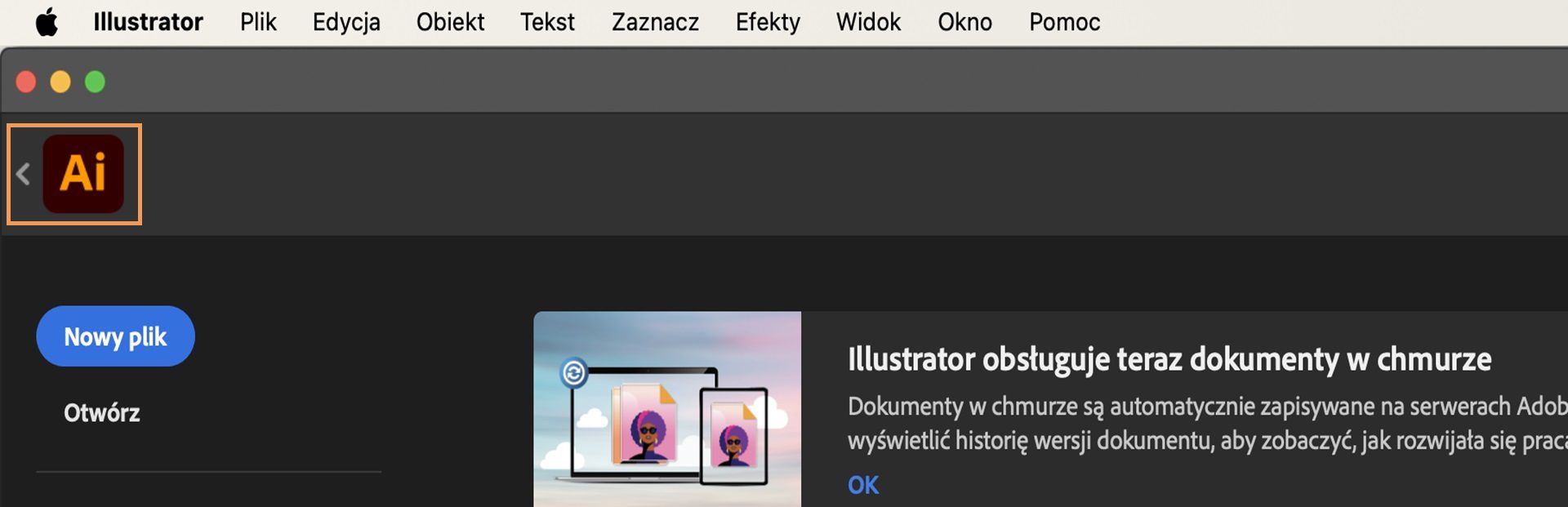 Interfejs obszaru roboczego programu Adobe Illustrator z podświetloną strzałką wstecz obok ikony aplikacji, wskazującą sposób powrotu do głównego obszaru roboczego.
