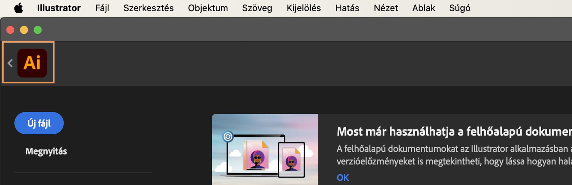 Az Adobe Illustrator munkaterület felülete az alkalmazásikon mellett egy kiemelt vissza nyíllal, amely jelzi, hogyan lehet visszatérni a fő munkaterületre.