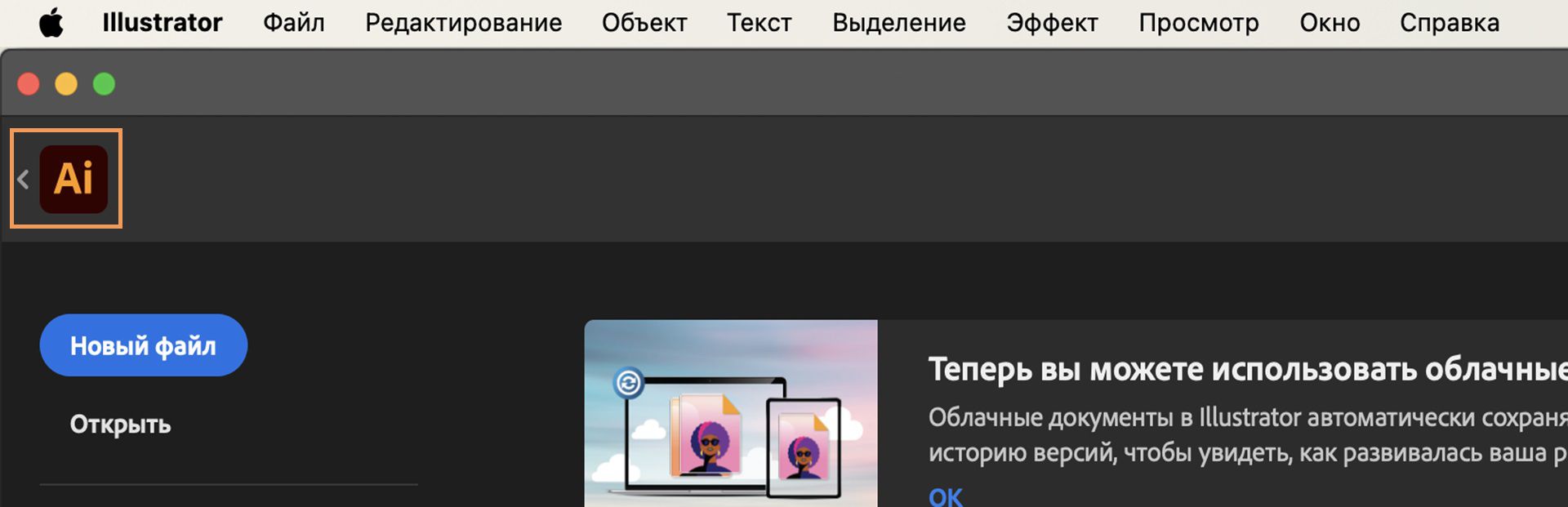 Интерфейс рабочей среды Adobe Illustrator с выделенной стрелкой назад рядом со значком приложения, показывающей, как вернуться в главную рабочую среду.