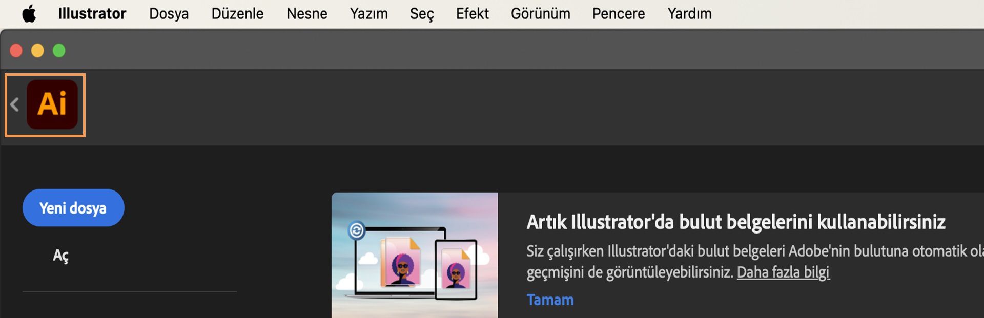 Ana çalışma alanına nasıl döneceğinizi belirten uygulama simgesinin yanında vurgulanmış bir geri ok bulunan Adobe Illustrator çalışma alanı arabirimi.