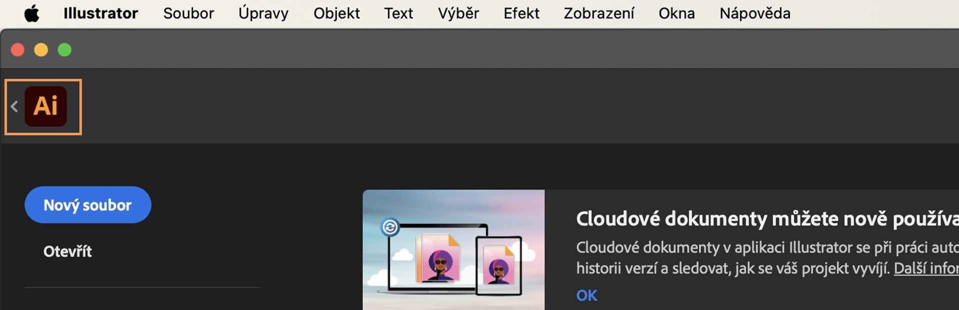 Rozhraní pracovní plochy aplikace Adobe Illustrator se zvýrazněnou šipkou zpět vedle ikony aplikace, která ukazuje, jak se vrátit na hlavní pracovní plochu.